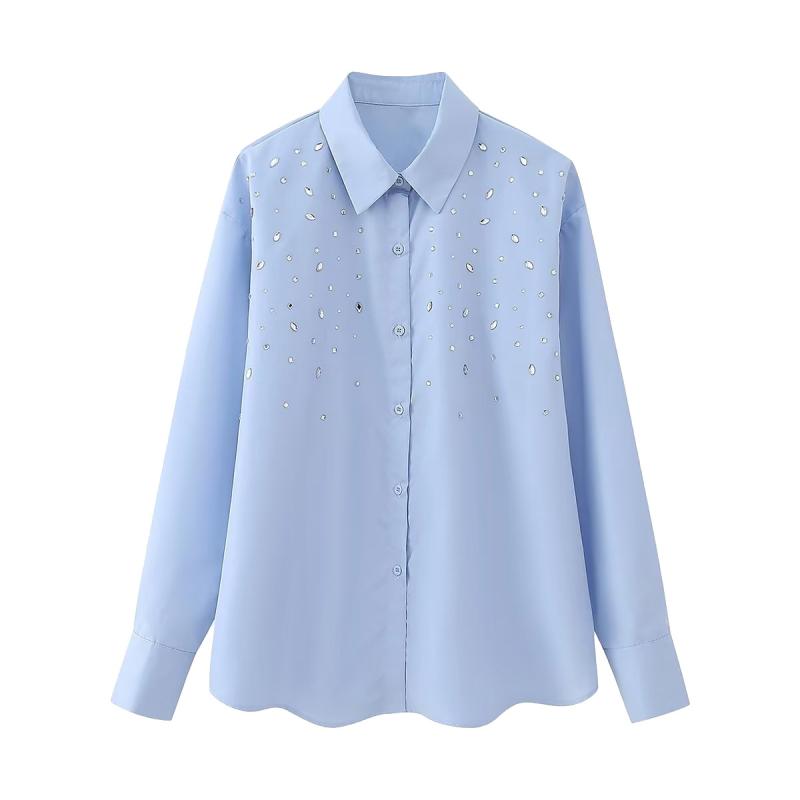 Donna Camicia In Cotone Con Strass  | Camicie Abbigliamento azzurro