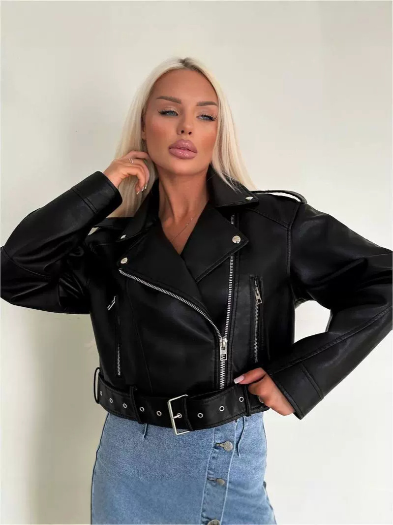 Donna Giacca Biker In Pelle Con Zip  | Capispalla Abbigliamento Capispalla